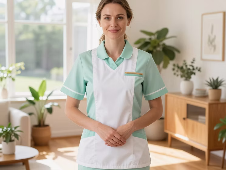 Professional cleaner ready to work in a bright, tidy home