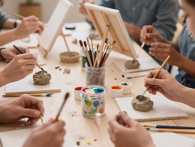 Hands painting and sculpting at a creative workshop table with brushes and paints